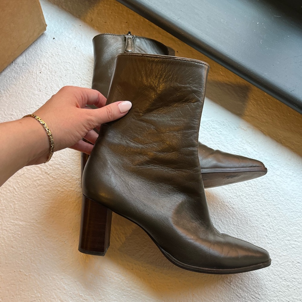 Massimo Dutti Dark Olive Leather Ankle Boots